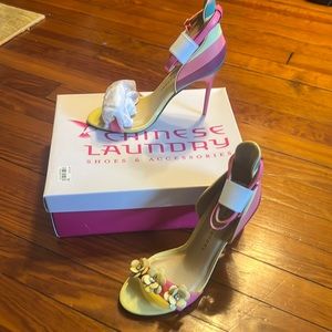Pink multi heels with flowers (NEVER WORN!)